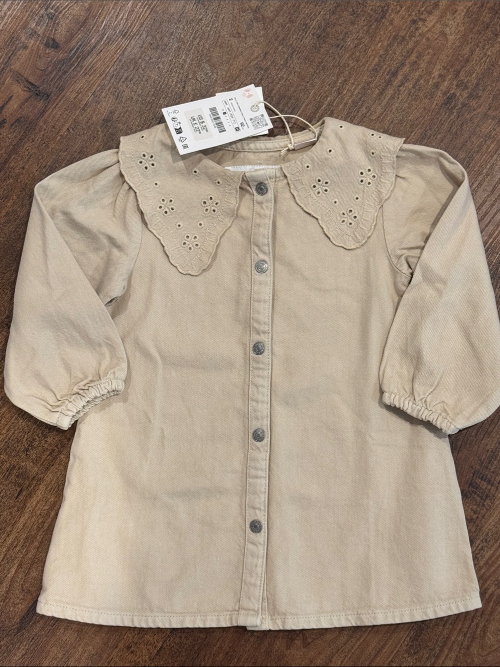 Zara Eyelet Collar Button-Front Toddler Dress in Beige - 2T (NWT)